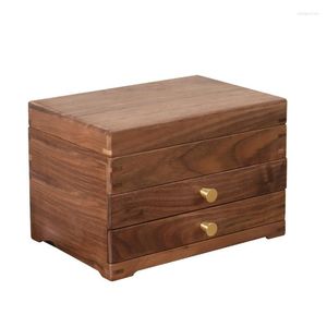 Caixas de armazenamento Black Walnut Wood Jewelry Box Drawer Style Multi -Camadas Cosméticos Gabinete Sólido