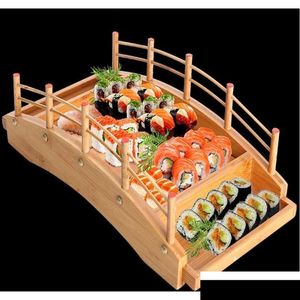 Sushi Tools Japanese Wood Wood Cuisine Bridge Boats Pine Creative Sashimi Plate Platter Table Proving Ornament Hasia Drop D otfz9