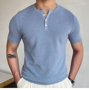 Polos masculinos Summer Business Fashion Moda azul Solid Knitting Polo Camisetas