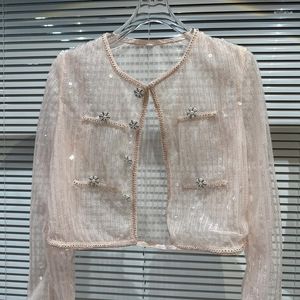 Women's Jackets 2023 Spring Summer Sequin Shoulder Pad Sun Screen Short Coat Women White Black Pink Jacket