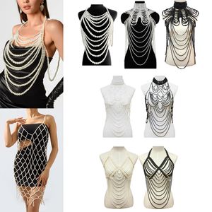 Halsband Kvinnor Mutlilayered Pearl Body Chain Choker Halsband Bindningar Harness Justerbar Sexig bikinikroppsmycken Bibb för Pageant Prom Party 230818