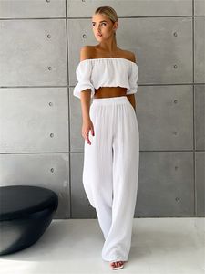 Frauenhose Baumwolle, plissierte Schulter -Top Long Set Sete Summer Solid Casual Short Puff Sleeve und gerade 230818