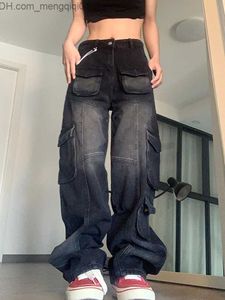 Herrbyxor kommersiella byxor kvinnor jeans gata retro väska tvätt jeans kvinnokläder avslappnade breda ben höga midja jeans z230819