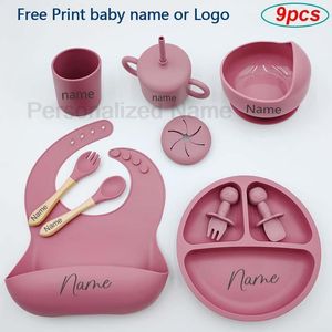 Cups Dishes Utensils 9Pcs Baby Silicone Feeding Sets Suction Cup Bowl Kids Spoon Fork Snack Personalized Name Baby s Tableware 230818