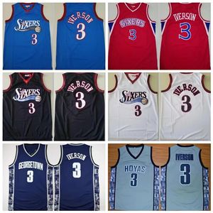 Мужские 76 ERS Retro Jersey 3 Allen Iverson Basketball Jerseys Mitchell Ness Mesh Georgetown Hoyas College University Vintage College Men Shiteed Рубашки Шорты