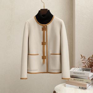 0C467M05 Autumn and Winter Women's Coat Double Sided Cashmere Coat Short Motherly Style Wool Coat Leather Trim