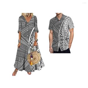 Casual Dresses 2023 Custom Polynesian Samoa Tribal Print Women Button Maxi V Neck Match Mens Shirt