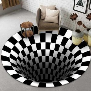 Dywany 3D okrągłe dywany do salonu proste czarny biały stereo wizji dywan dywany dywany geometryczne anty-skid domowy sypialnia mata podłogowa r230718