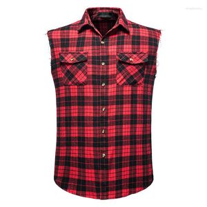 Herren lässige Hemden Flanell kariert ärmellose Hemd Doppelpocket Cowboy Button Down Männer Cotton Plus Size Weste Checked Top