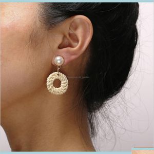 Dangle żyrandol unikalny projekt mały geometryczny stadnina dla kobiet okrągłe koło drewniane imitacja perły kreatywne tkaninowe kolczyki cza dhpyp