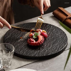 Plates Ceramic Creative Moka Rock Pattern Round Flat Plate Light Japanese Dish Black Household Western Tableware Steak