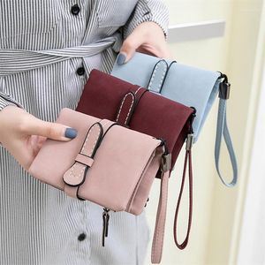 Wallets Multifunction Short Purse Fold Women Drawstring Nubuck Leather Zipper Wallet With Wrist Strap Ladies Female Clutch