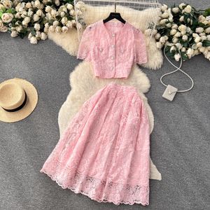 Two Piece Dress Small Fragrant Embroidery Flower Two Piece Set Women Short Sleeve Pearls Buttons Pocket Lace Mesh Crop Top Midi Skirts Suit 2024