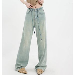 Kvinnors jeans kvinnor ljusblå chic bälte hög midja amerikansk gata breda ben byxor mode vintage kvinnlig rak höstbyxor