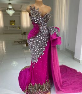 2023 August Aso Ebi Fuchsia Mermaid Prom Dress Beaded Crystals Sexy Evening Formal Party Second Reception Birthday Engagement Gowns Dresses Robe De Soiree ZJ796