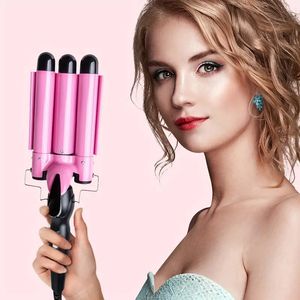 3 Barrel Curling Iron Wand - 1 Inch Ceramic Tourmaline Triple Barrels, Dual Voltage Crimping Tool, Best Hair Waver For Beachy/Frizz Free Waves (Pink/Black/Gold)