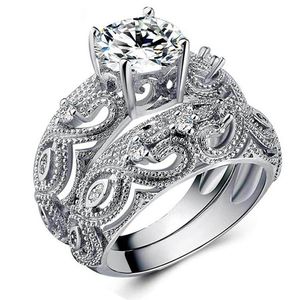 4 karatowe zestawy pierścieni otwartych dla kobiet srebrny zestaw ślubny okrągły halo pierścień zaręczynowy White 5A Diamentowy zespół Cubic Zirconia Solitaire rocznicowy Pierścień Obiec