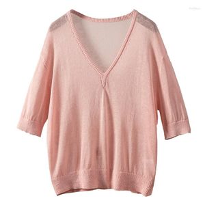 Kvinnors tröjor 55% naturlig siden 45% LINEN TUN THINE TREATER Kvinnor Kort ärm 2023 Löst koreanska mode Blusa de Frio Feminina