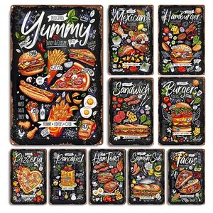 Funny Fast Food Tin Sign Sandwich Metal Poster Hamburger Pizza Vintage Yard Garden Wall Art Plates Home Kitchen Restaurant Coffee Shop Custom Wall Decor 30X20CM w01