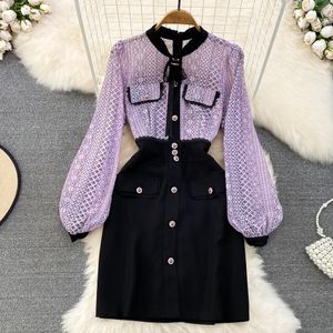 Basic Casual Dresses Fashion Runway Autumn Contrast Short Dress Women's Diamonds Bow Lantern Sleeve Embroidery Lace Patchwork Vintage Party Vestidos 2023