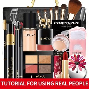 Coomplete Makeup Set , Foundation , Blush, Concealer, Lip Liner Pen , Lipstick , Lip Gloss, Eyeshadow Eyeliner And Eyebrow Pen, With Match Makeup Tool ( Brushes, Sponges