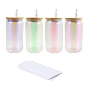 Sublimation Glass Blanks with Bamboo Lids 16 oz Glitter Sublimation Beer Can Glasses with Glass Straws with shrink Wraps