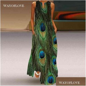 Podstawowe sukienki swobodne Wayoflove plus size Peacock Feather Green Dress Girl Es Summer Woman Bless Beach Maxi dla kobiet 210 DHMN4
