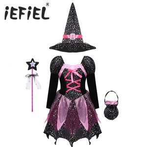 Cosplay Kid Girls Halloween Witch Costume Sparkly Silver Stars Printed Carnival Dress with Pointed Hat Wand Up Clothes 230818