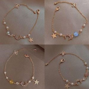 Link Bracelets Korea Charm Star Moon Bracelet Gold Color Geometric Chain For Women Elegant Fashion Jewelry Accessories 2023