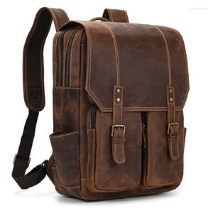 School Bags Crazy Horse Leather Laptop Bagpack Vintage Handmade Double Shoulder Bag For Men Male Backpack Drop