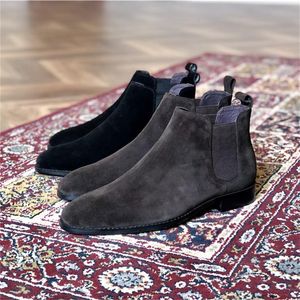 Bot siyah erkekler chelsea inek kadife düz renk kare kare ayak parmağı giymek klasik batı patik iş rahat sonbahar ayakkabı 230818