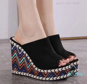 Sandals Summer Women Pumps Platform Sip-On Flock Wedges Heel Ethnic Casual Japanese Style Slippers Apricot