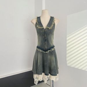 Vestidos casuais Mulheres jeans Denim Solid Dress 2023 Summer Vintage Korea