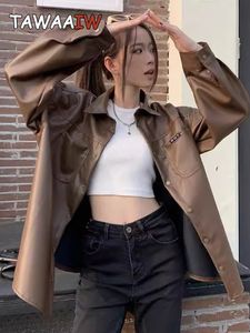 レディースジャケットTawaaiw Streetwear Brwon Coffee Pu Leather Leather Women Clotessing Sprinced Ladies Outerwear Coats Korean Style 230818