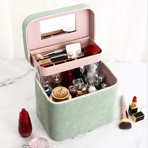 Corduroy Makeup Organizer With Foldable Tray & Handle, Makeup Travel Bag With Mirror Large Capacity Makeup Box Train Case, Gift For Men Women