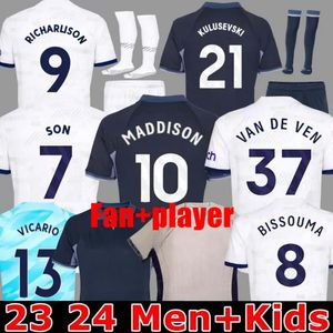Maddison Son 23 24 Tottenhams Soccer Jerseys Kulusevski Richarlison Kulusevski 2023 2024 Romero Veliz Van De Ven Bissouma Spurs Shirt Top Men Kids Sets