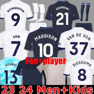 Filho de Maddison 23 24 Tottenhams Soccer Jerseys Kulusevski Richarlison Kulusevski 2023 2024 Romero Veliz Van de Ven Bissouma Spurs Camisa de futebol Top homens