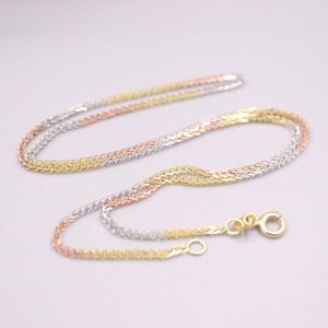 Chains Pure 18K Multi-Tone Gold Chain Lucky 1.2mm Wheat Link Necklace 16inch / 3.3g Stamped AU750 For Woman Gift