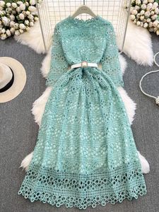 Casual Dresses Autumn Women Black/White/Green Hook Flower Hollow Lace Midi Dress Elegant O-Neck High Waist A-Line Party Vestidos Female