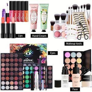 Makeup Box Set, Cosmetic Present Box Eyeshadow Eyeliner Eyebrow Pen Lipstick Lip Gloss Primer Foundation Löst pulver och matchande borstar och svamppuff i full räckvidd