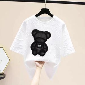 2023 New Women 's T-Shirts Harajuku Girls Plus Size Tops 편지 Jacquard O-Neck 짧은 소매 느슨한 여름 Tshirt Bear White Tees M-2XL Y0508