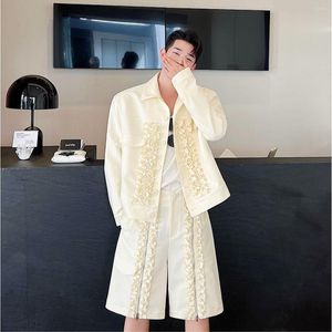 Men's Tracksuits Spring Summer Pearl Decoration Deconstruction Splicing Jacket Shorts Suit Causal High Street Overcoat Five-point Pants Set