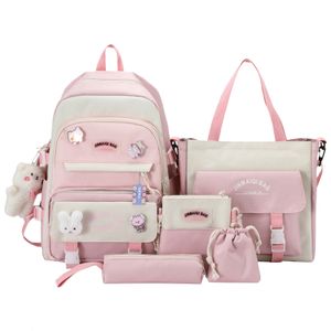 Backpacks 5 pcs Girls Daypack Backpack Set with Kawaii Bear Pendant Cute Pins Casual Back to School 230818