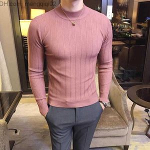 Herrtröjor Herrtröjor Autumn Winter High Collar Striped Sweater Fashion Boutique Solid Color Men's Casual Knit Pullover Tight Mens Sweatermens Z230819