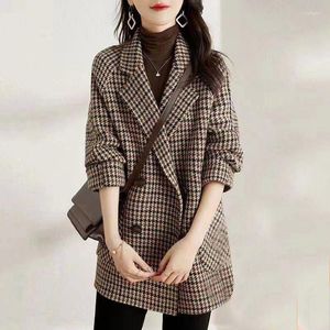 Женские костюмы шерстяное пальто винтажный Houndstooth Blazer Женщины зимняя мода корейская тонкая клетчатая костюма свободная роскошная дизайн двойной грудь