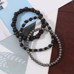 Strand Natural Volcanic Stone Men's Hand String Set Simple Black Square Bead Armband