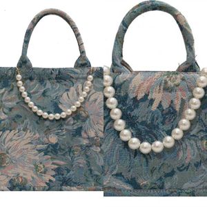 Design Totes Unusual Denim Handbags for Women New Luxury Woman Canvas Tote Bag Pearl Bead Diagonal Crossbag Femme HKD230819