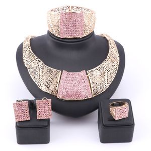 Nigerian Dubai Fine Color Gold Silver Plated Crystal Necklace Earrings Ring Bracelet Bridal Jewelry Sets For Women Wedding Party