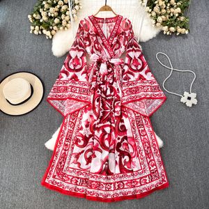 European and American retro printed dress 2023 early autumn V-neck loose tie up waist flared sleeves long skirt with large swing