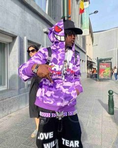 Erkek Hoodies Sweatshirts Yeni Y2K Fermuarı Kapşonlu Amerikan Hiphop Kamuflaj Mektup Deseni Kapşonlu Sweatshirt Harajuku Street Punk Rock Top Street Kıyafet J230821